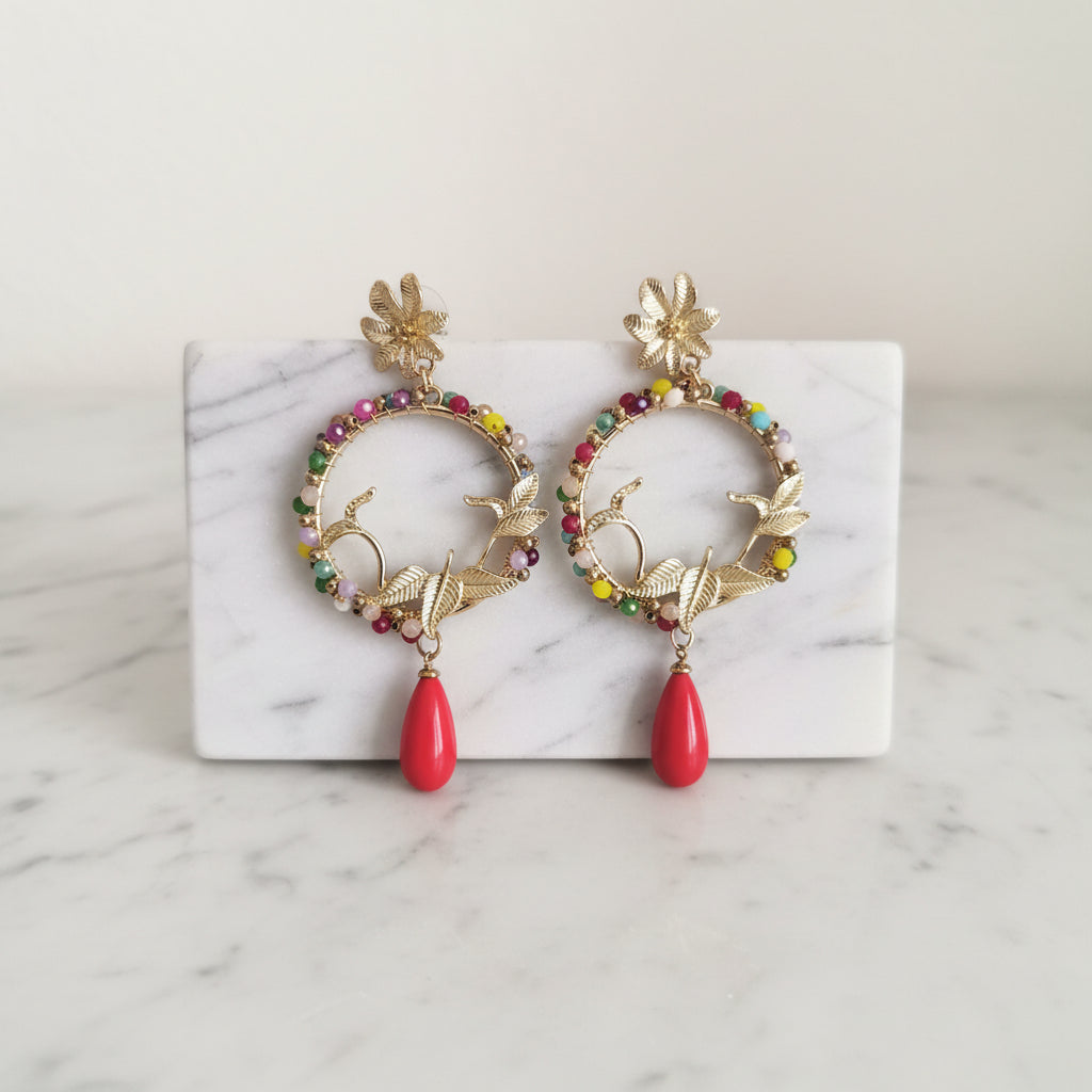 Pendientes Aro Dorado Cristales y Gota Coral