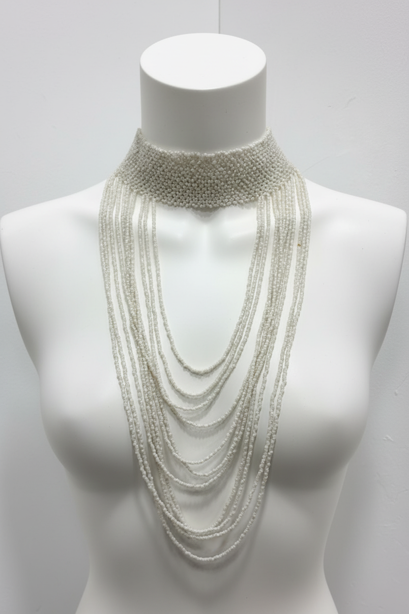 Collar multicapa de cuentas blancas