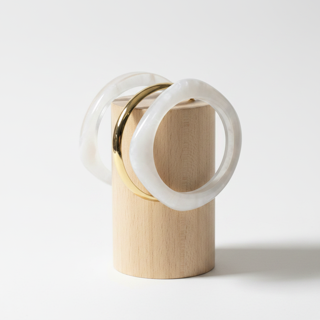 Pack Pulseras Transparente y Dorado - Expositor Madera